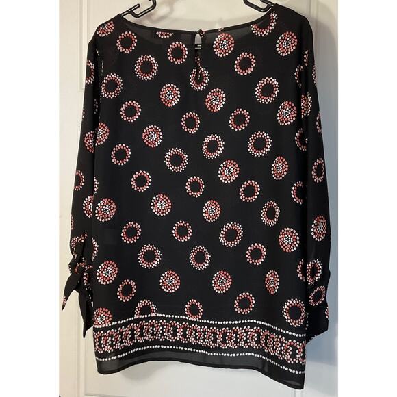 Nine West Black Multicolor 3/4 Sleeve Tie Wrist Tunic Top L - Picture 2 of 6